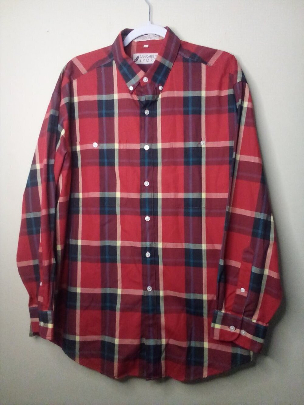 Sansabelt Sport Shirt Men L Button Down Long Sleeve Plaid Red